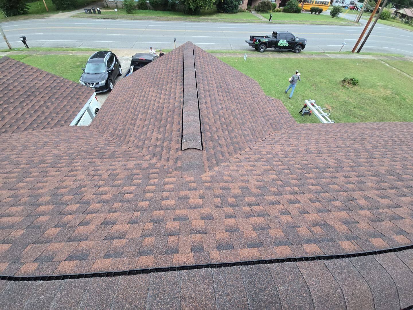 Close-up of a newly shingled roof ridge